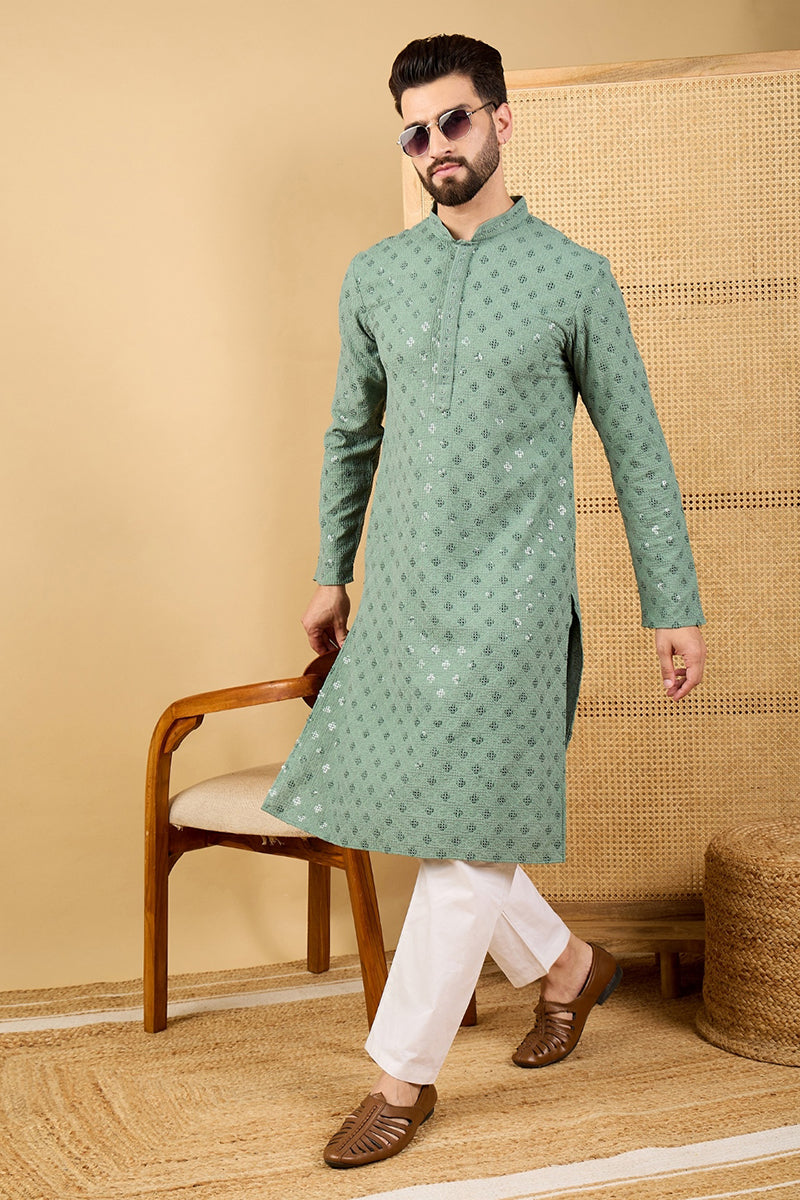 Ethnic Bay Green Viscose Rayon Solid Embroidered Straight Chikankari Kurta MKU1050