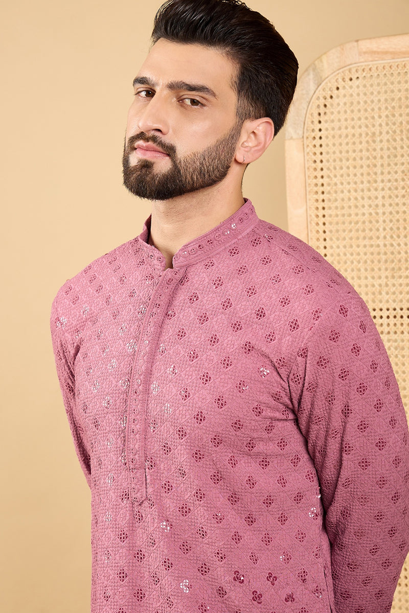 Mauve Viscose Rayon Solid Embroidered Straight Kurta with Trousers MKSET1051