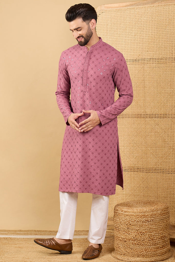 Mauve Viscose Rayon Solid Embroidered Straight Kurta with Trousers MKSET1051