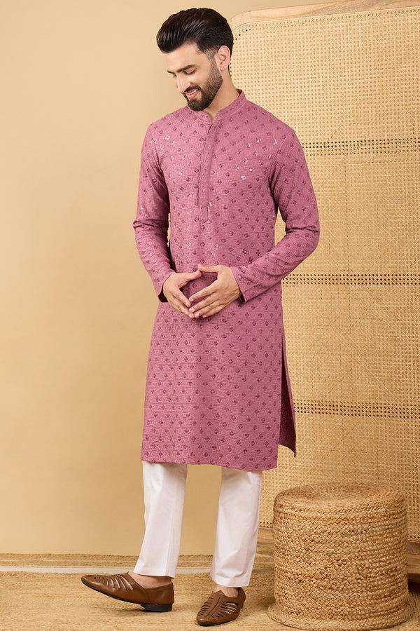 Mauve Viscose Rayon Solid Embroidered Straight Kurta with Trousers MKSET1051