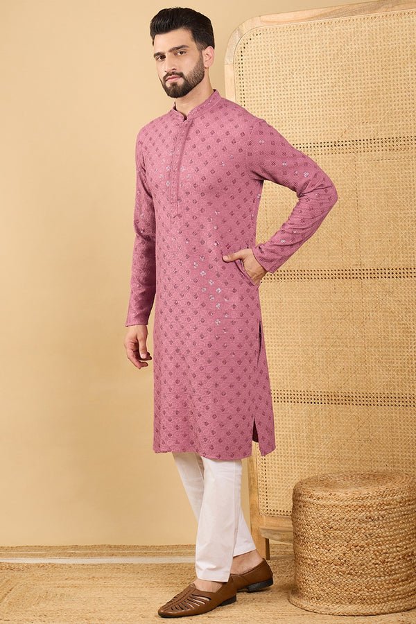Mauve Viscose Rayon Solid Embroidered Straight Kurta with Trousers MKSET1051