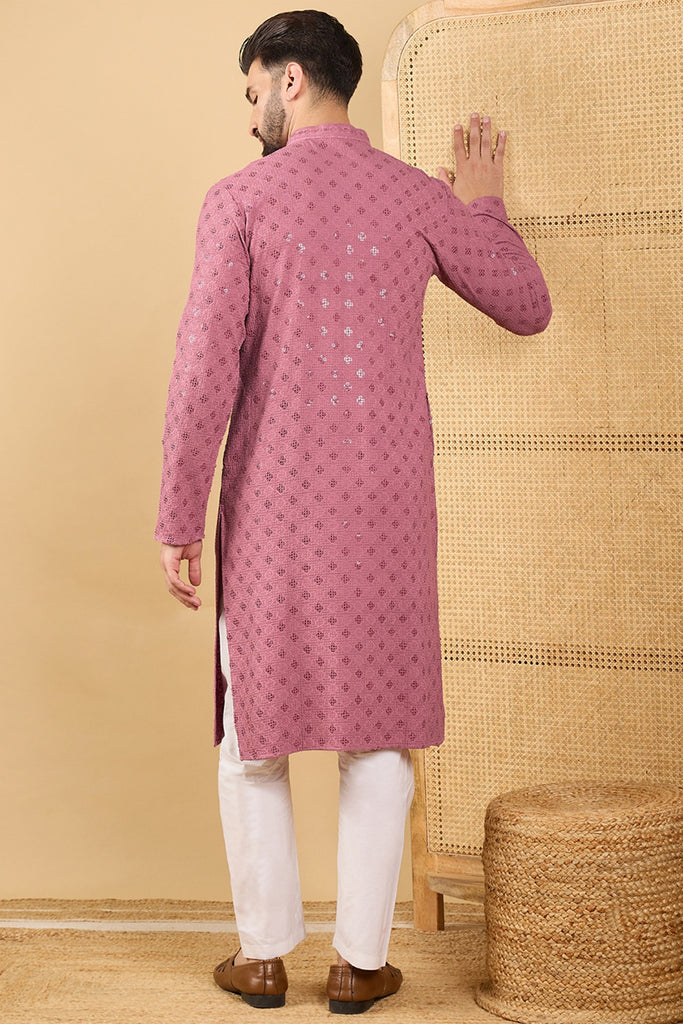 Mauve Viscose Rayon Solid Embroidered Straight Kurta with Trousers MKSET1051