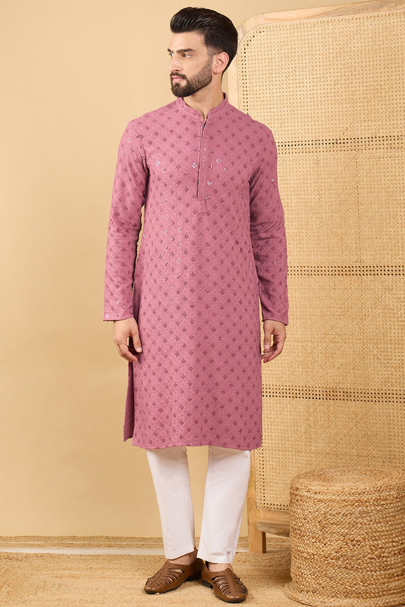 Mauve Viscose Rayon Solid Embroidered Straight Kurta with Trousers MKSET1051