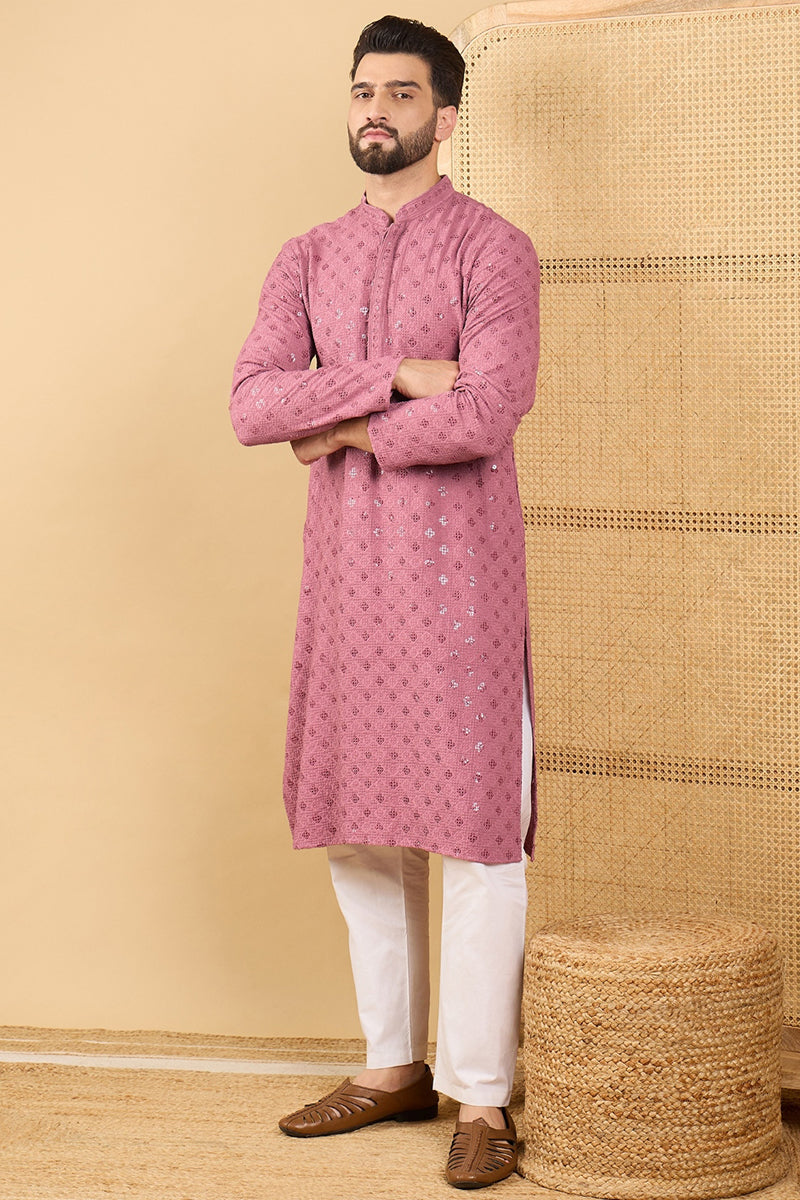 Mauve Viscose Rayon Solid Embroidered Straight Kurta with Trousers MKSET1051
