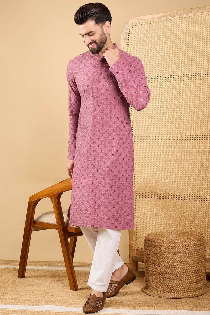 Mauve Viscose Rayon Solid Embroidered Straight Kurta with Trousers MKSET1051