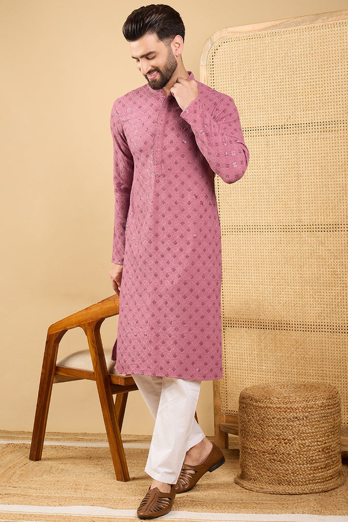Mauve Viscose Rayon Solid Embroidered Straight Kurta with Trousers MKSET1051