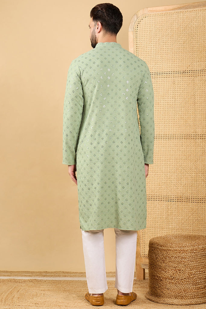 Ethnic Bay Green Viscose Rayon Solid Embroidered Straight Chikankari Kurta MKU1053