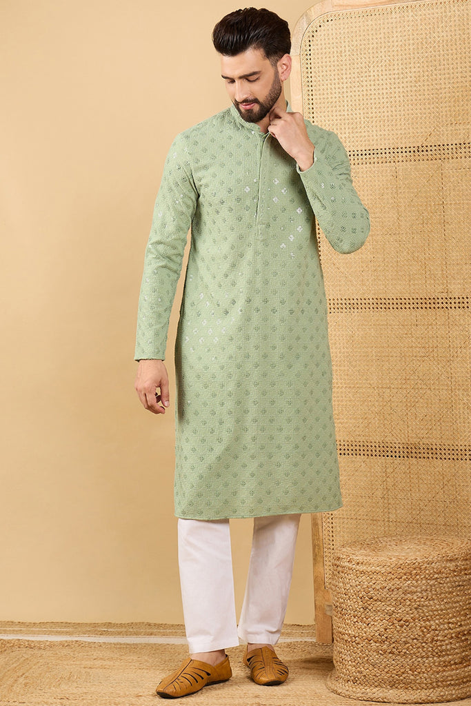 Ethnic Bay Green Viscose Rayon Solid Embroidered Straight Chikankari Kurta MKU1053