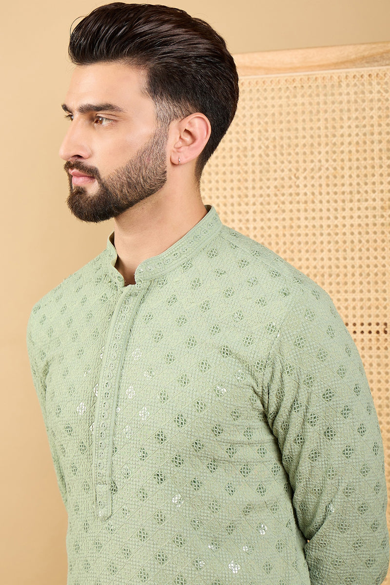 Ethnic Bay Green Viscose Rayon Solid Embroidered Straight Chikankari Kurta MKU1053