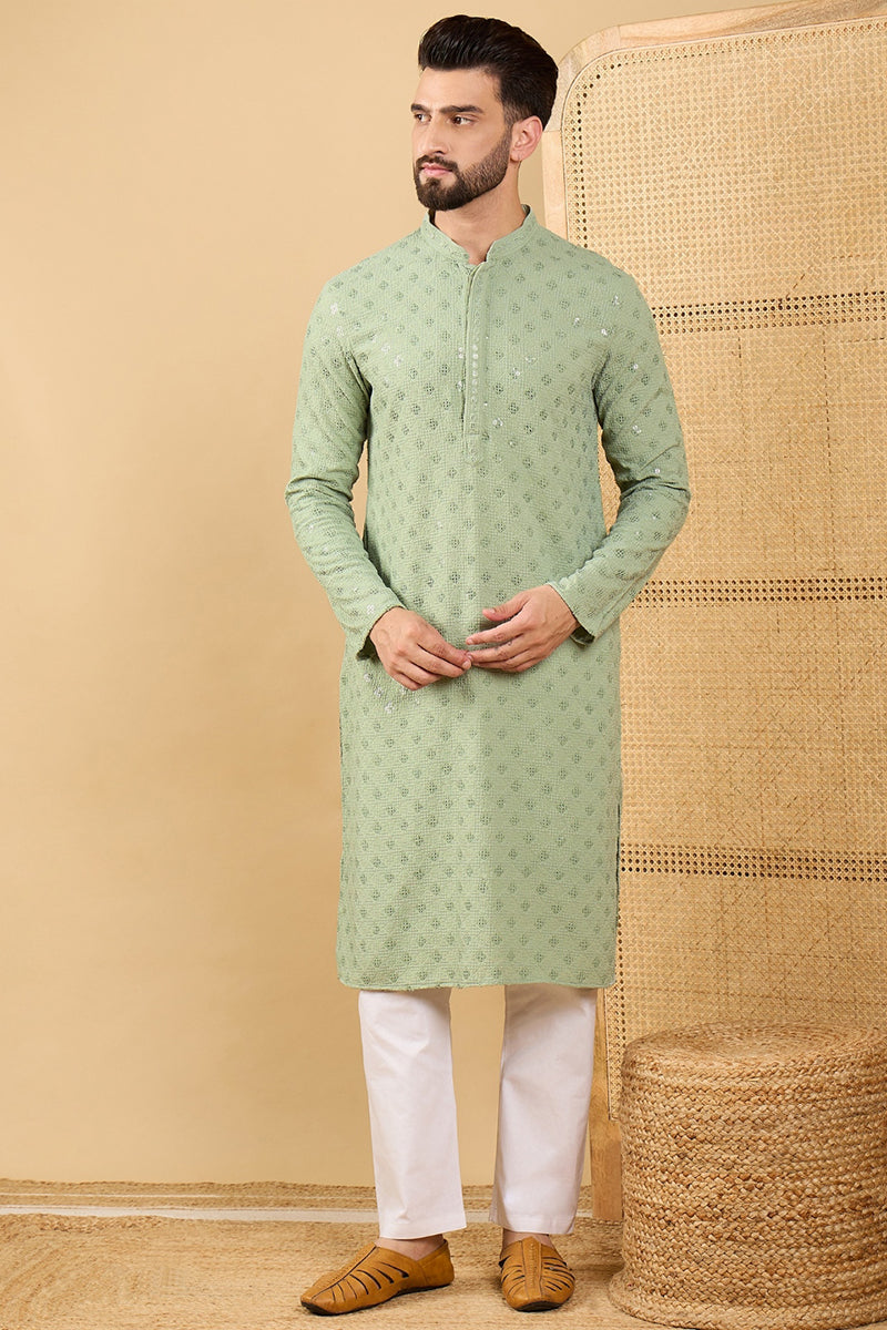 Ethnic Bay Green Viscose Rayon Solid Embroidered Straight Chikankari Kurta MKU1053