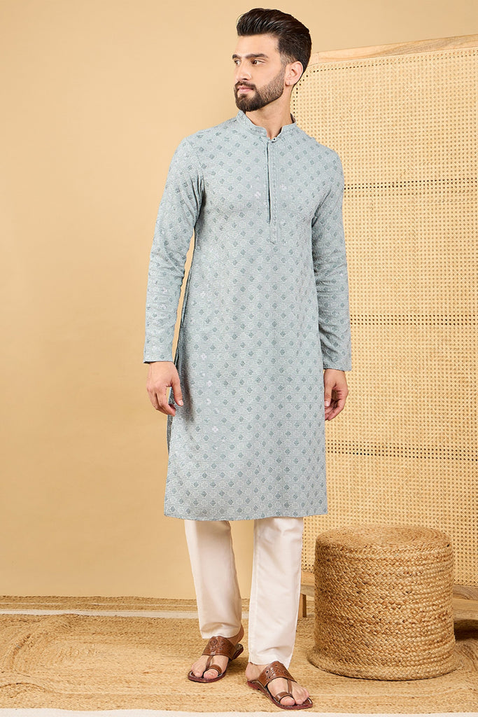 Ethnic Bay Grey Viscose Rayon Solid Embroidered Straight Chikankari Kurta MKU1054