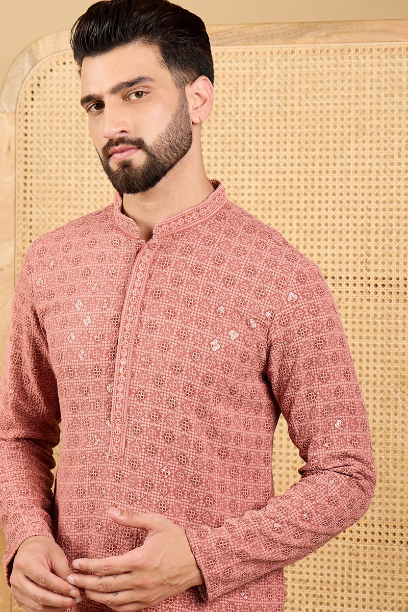 Rust Viscose Rayon Solid Embroidered Straight Kurta with Trouser MKSET1055