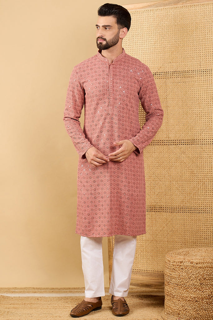 Ethnic Bay Rust Red Viscose Rayon Solid Embroidered Straight Chikankari Kurta MKU1055