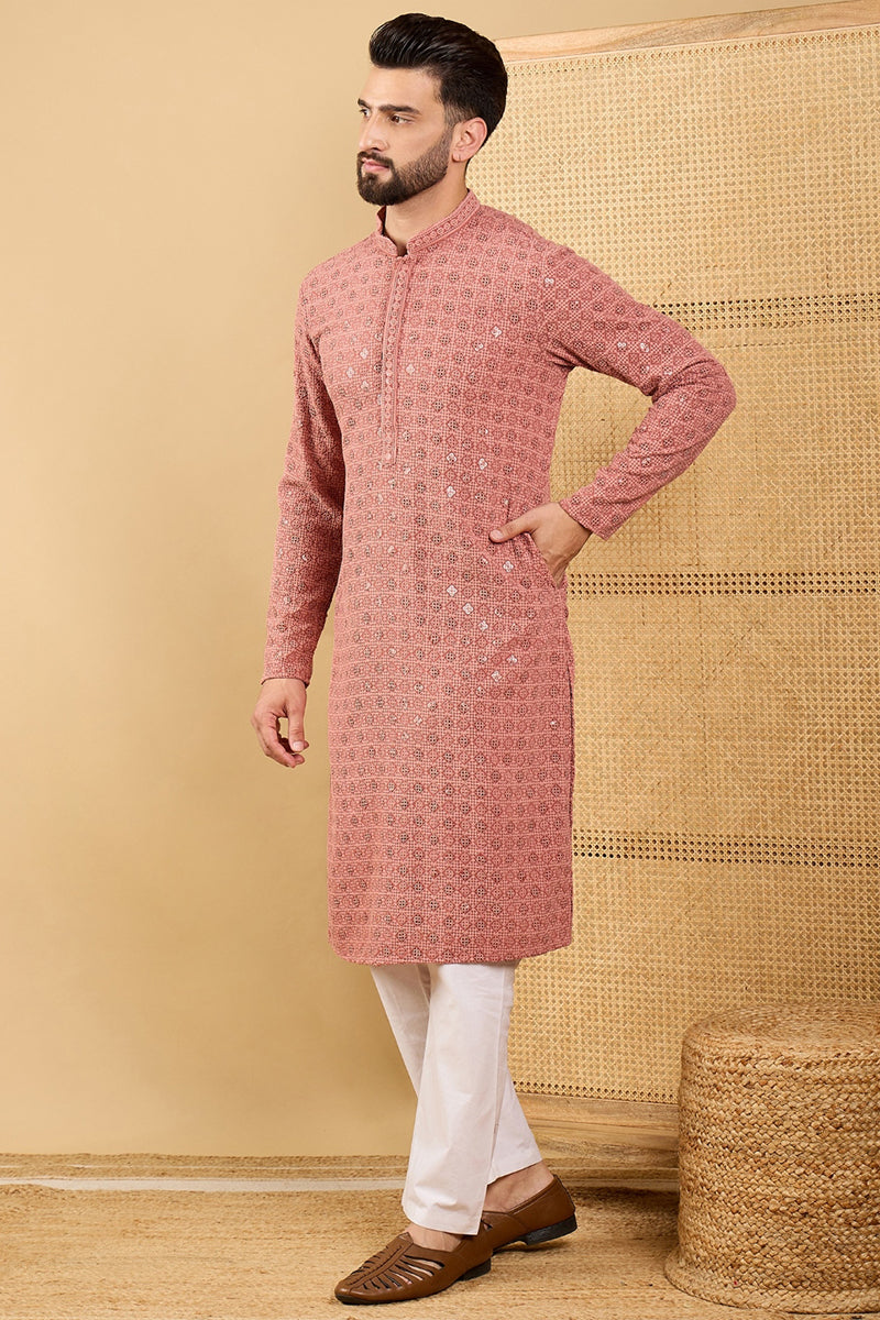 Rust Viscose Rayon Solid Embroidered Straight Kurta with Trouser MKSET1055