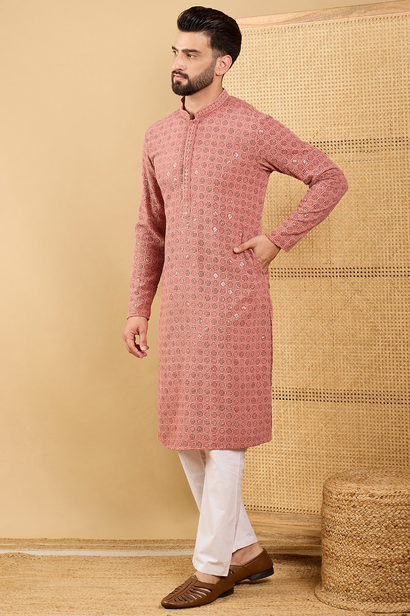 Ethnic Bay Rust Red Viscose Rayon Solid Embroidered Straight Chikankari Kurta MKU1055