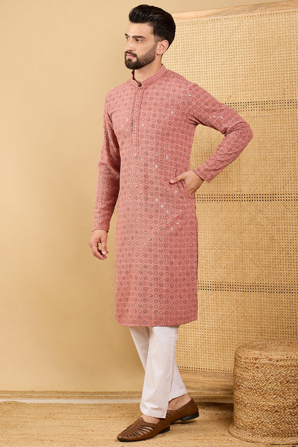 Ethnic Bay Rust Red Viscose Rayon Solid Embroidered Straight Chikankari Kurta MKU1055