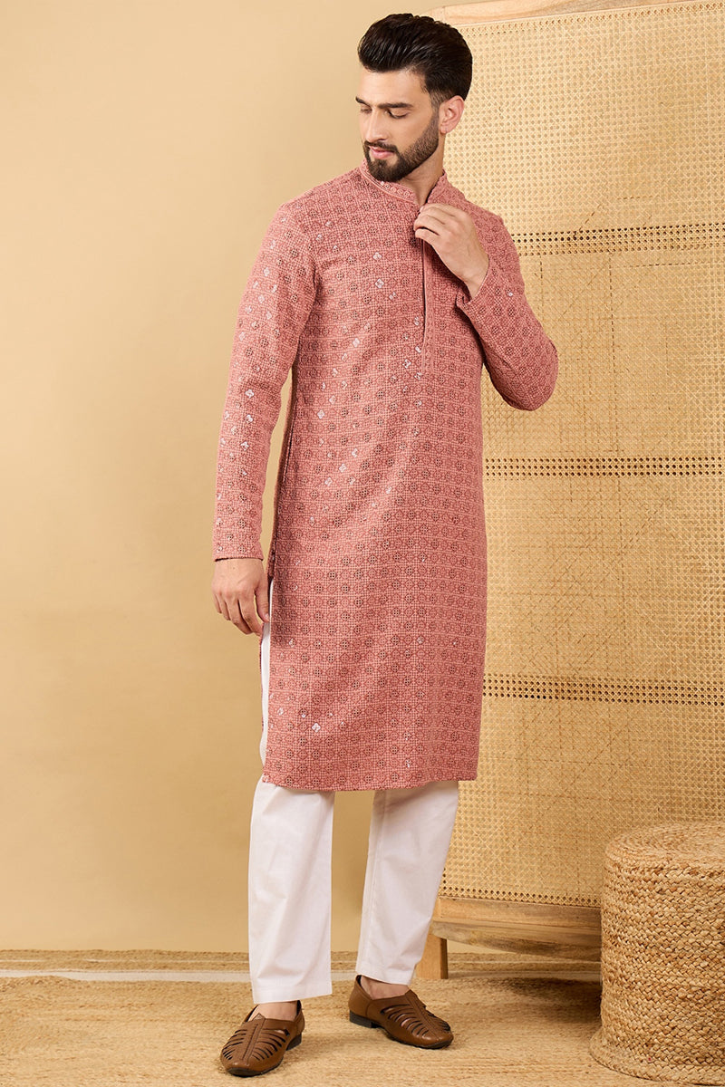 Rust Viscose Rayon Solid Embroidered Straight Kurta with Trouser MKSET1055
