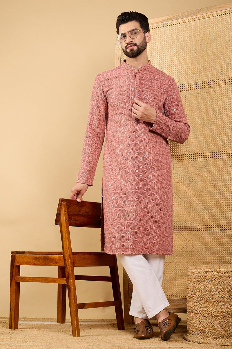 Rust Viscose Rayon Solid Embroidered Straight Kurta with Trouser MKSET1055