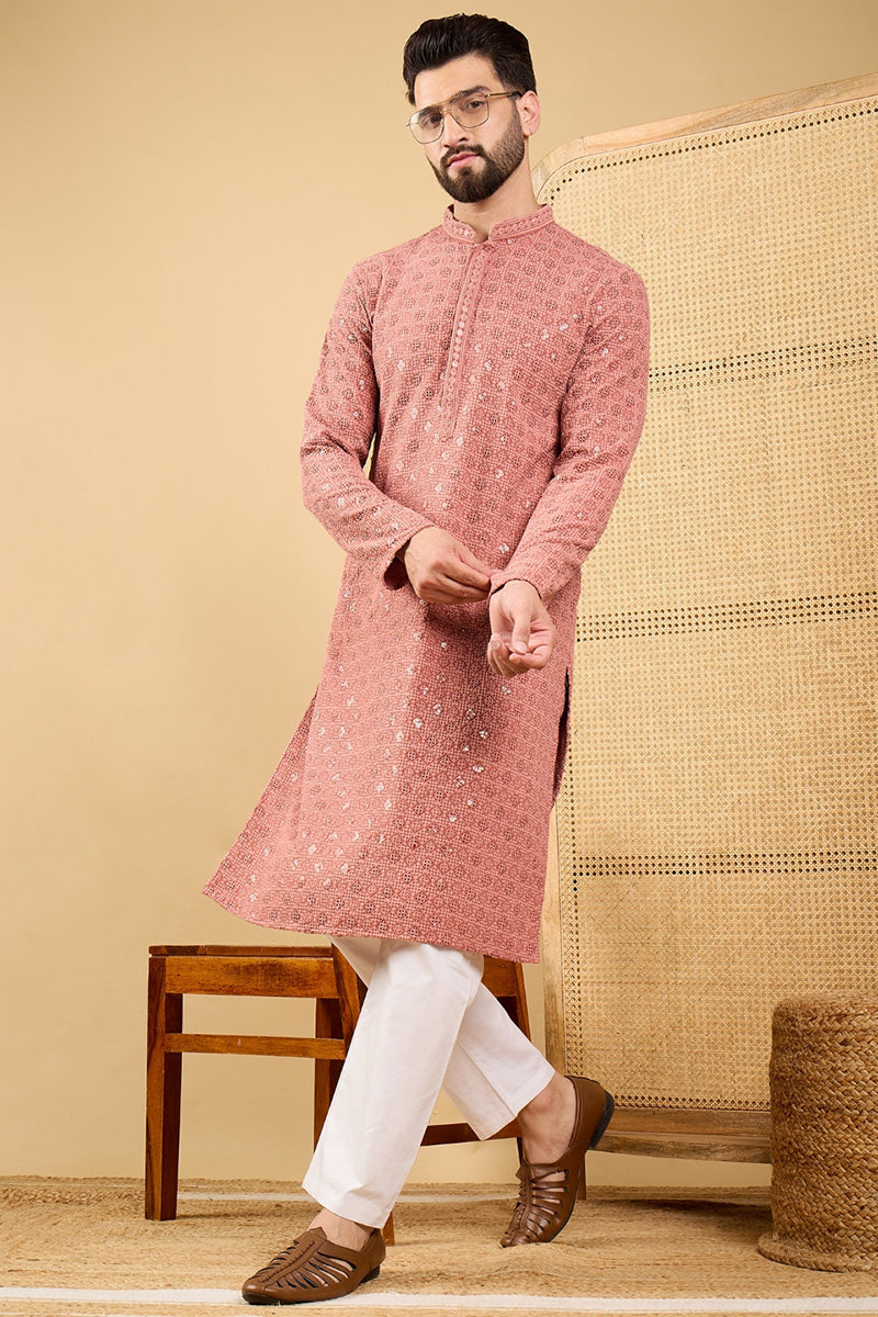 Rust Viscose Rayon Solid Embroidered Straight Kurta with Trouser MKSET1055