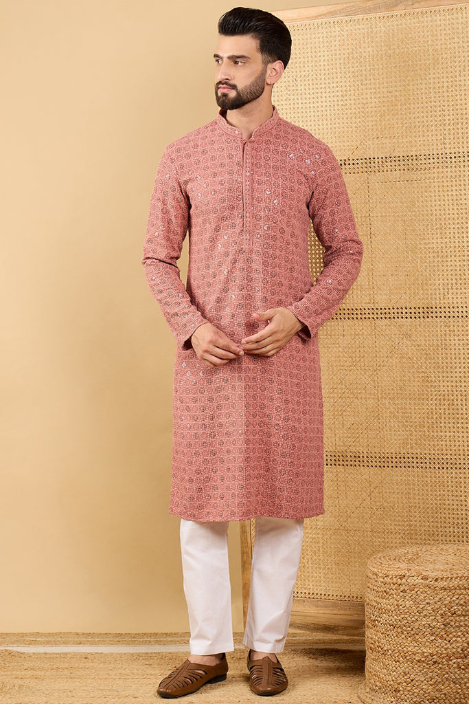 Rust Viscose Rayon Solid Embroidered Straight Kurta with Trouser MKSET1055