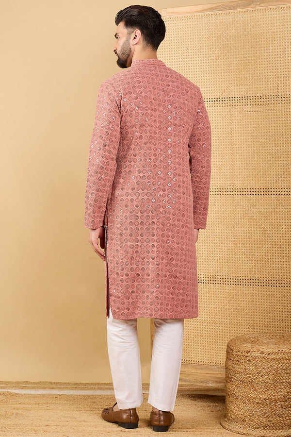 Ethnic Bay Rust Red Viscose Rayon Solid Embroidered Straight Chikankari Kurta MKU1055