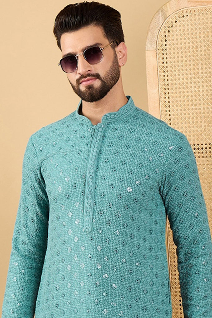 Ethnic Bay Turquoise Blue Viscose Rayon Solid Embroidered Straight Chikankari Kurta MKU1056