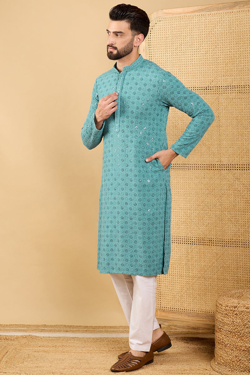 Blue Viscose Rayon Solid Embroidered Straight Kurta with Trouser MKSET1056