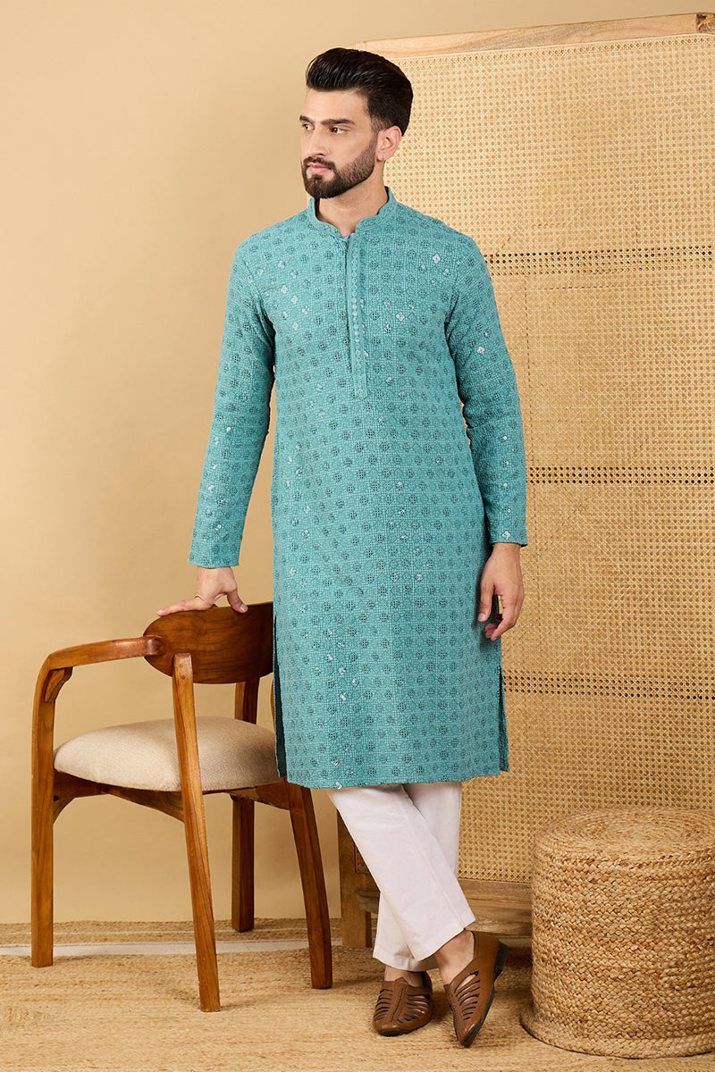 Ethnic Bay Turquoise Blue Viscose Rayon Solid Embroidered Straight Chikankari Kurta MKU1056