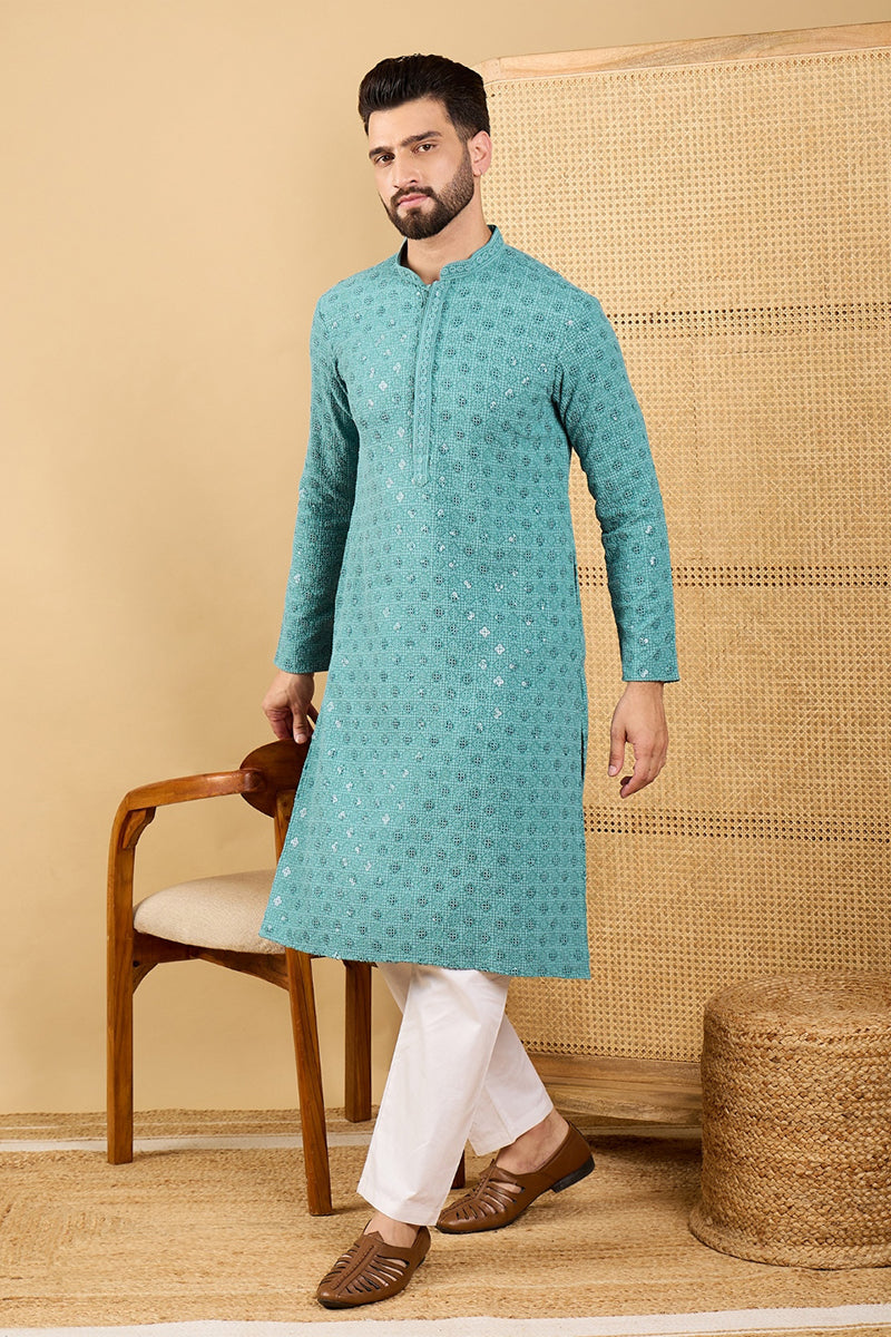 Ethnic Bay Turquoise Blue Viscose Rayon Solid Embroidered Straight Chikankari Kurta MKU1056