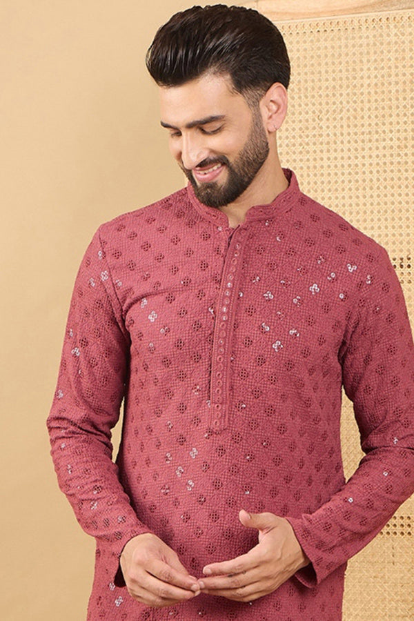 Ethnic Bay Red Viscose Rayon Solid Embroidered Straight Chikankari Kurta MKU1057