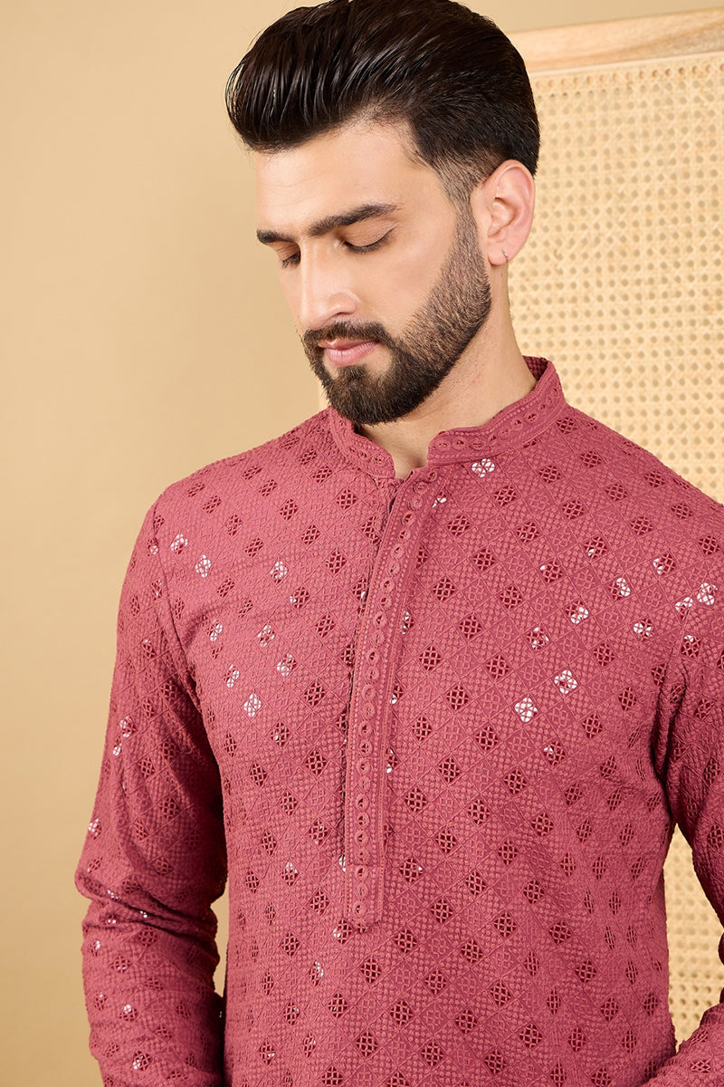 Ethnic Bay Red Viscose Rayon Solid Embroidered Straight Chikankari Kurta MKU1057