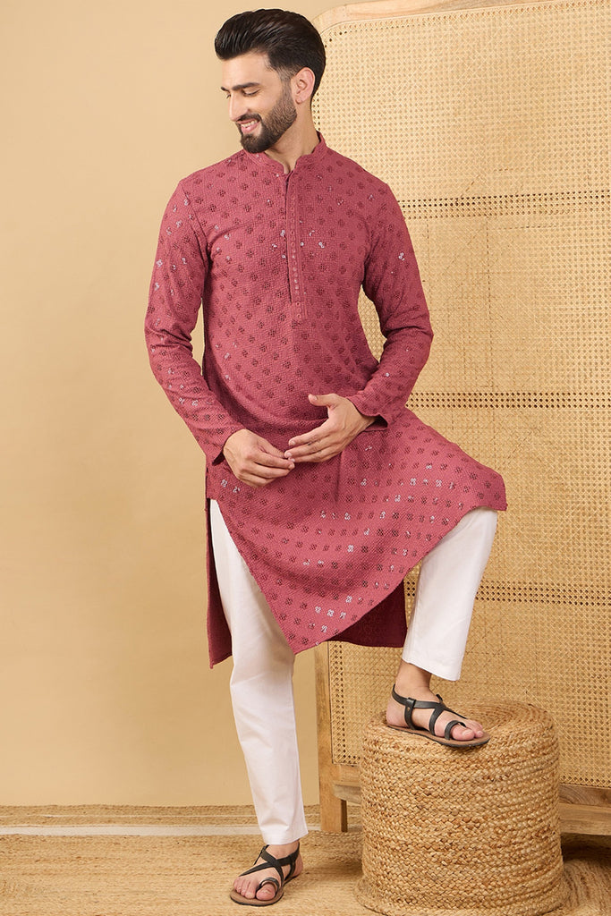 Ethnic Bay Red Viscose Rayon Solid Embroidered Straight Chikankari Kurta MKU1057