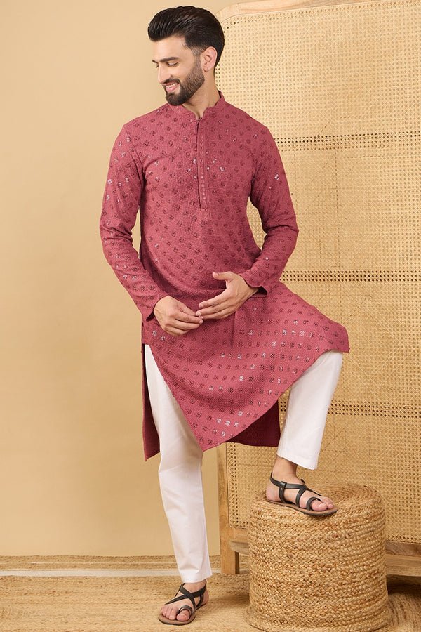 Ethnic Bay Red Viscose Rayon Solid Embroidered Straight Chikankari Kurta MKU1057