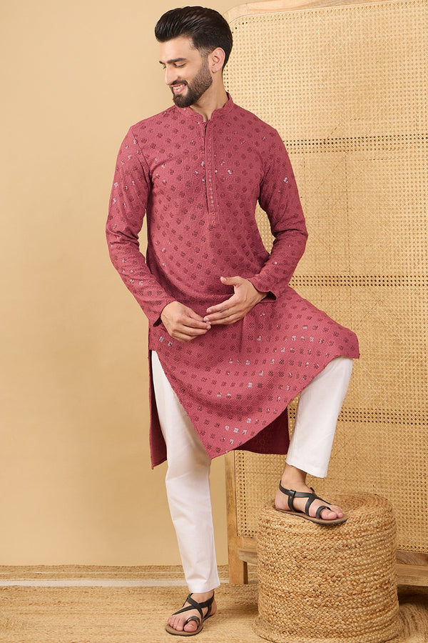Ethnic Bay Red Viscose Rayon Solid Embroidered Straight Chikankari Kurta MKU1057