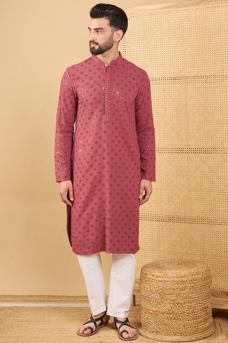 Ethnic Bay Red Viscose Rayon Solid Embroidered Straight Chikankari Kurta MKU1057