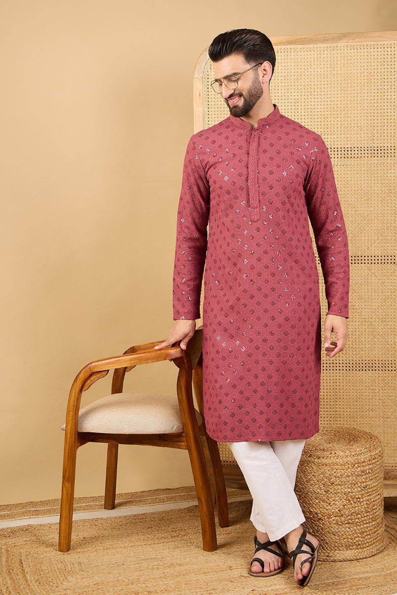 Ethnic Bay Red Viscose Rayon Solid Embroidered Straight Chikankari Kurta MKU1057