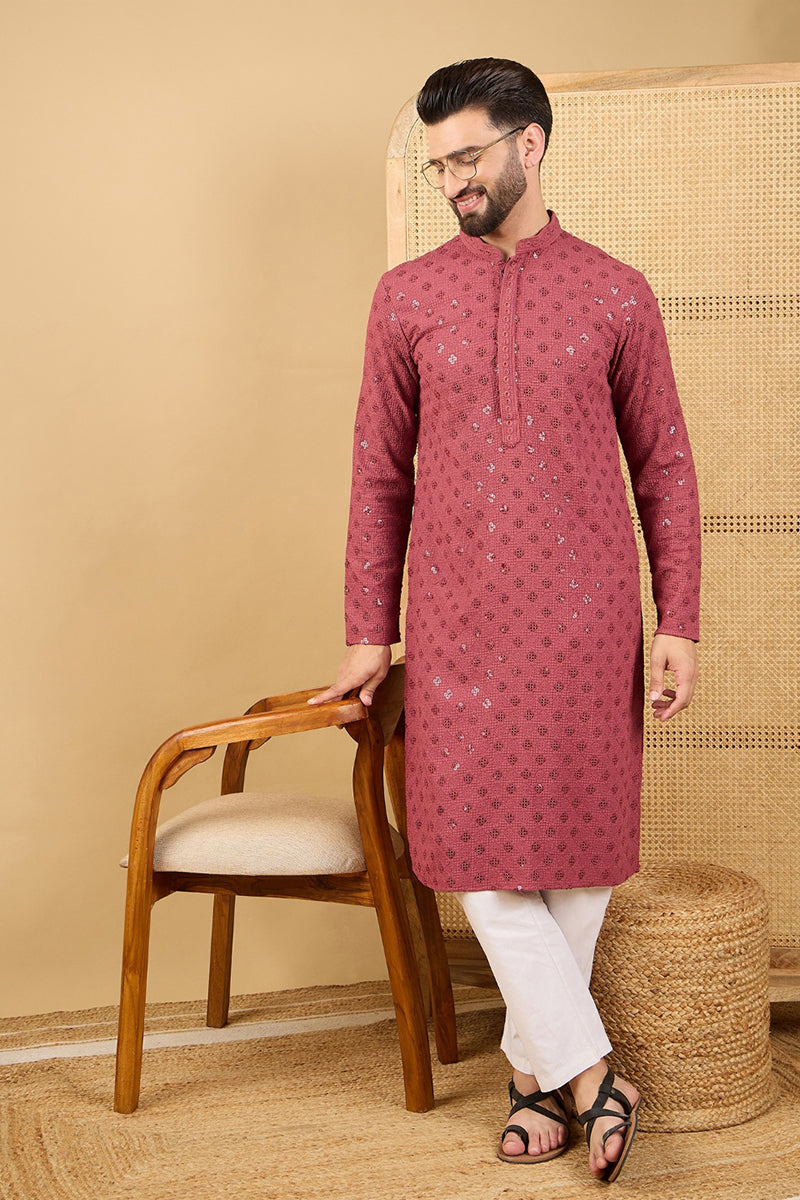 Ethnic Bay Red Viscose Rayon Solid Embroidered Straight Chikankari Kurta MKU1057