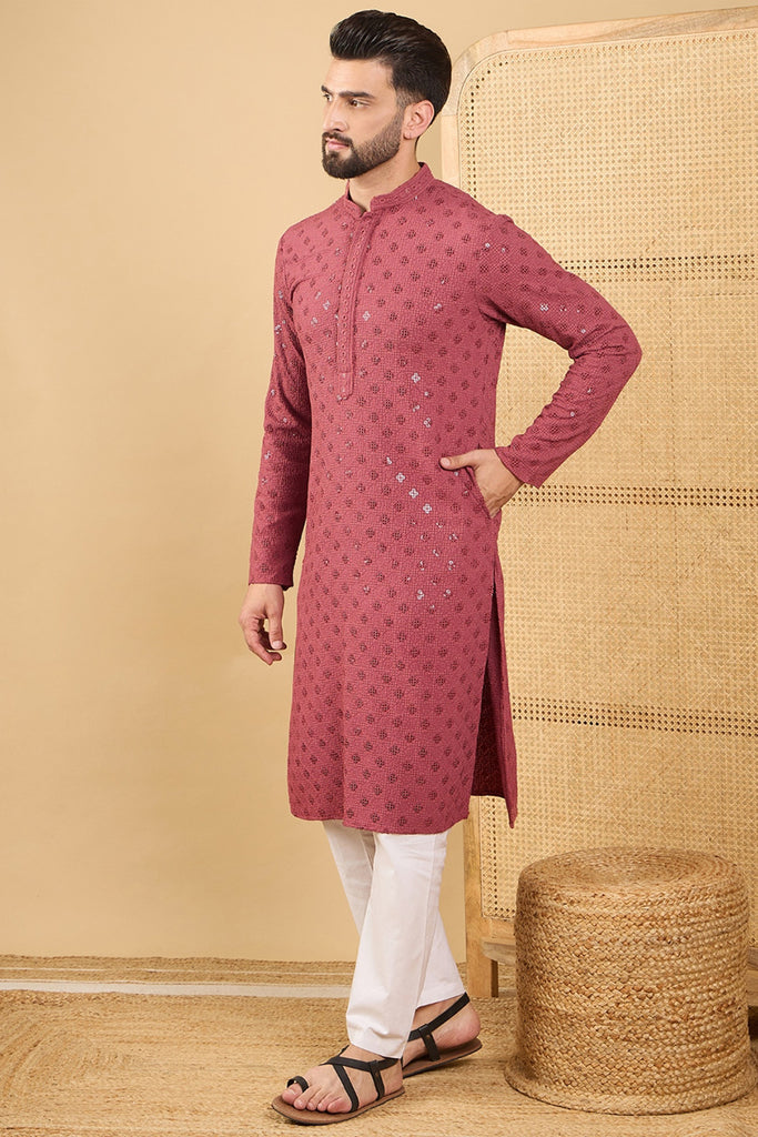 Ethnic Bay Red Viscose Rayon Solid Embroidered Straight Chikankari Kurta MKU1057