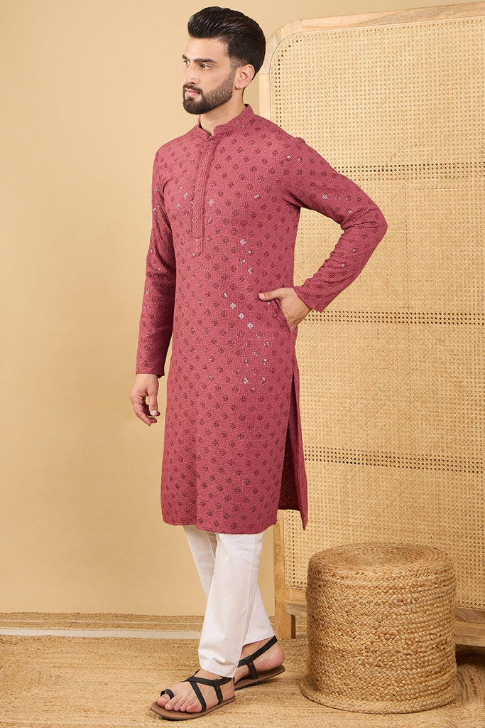 Ethnic Bay Red Viscose Rayon Solid Embroidered Straight Chikankari Kurta MKU1057