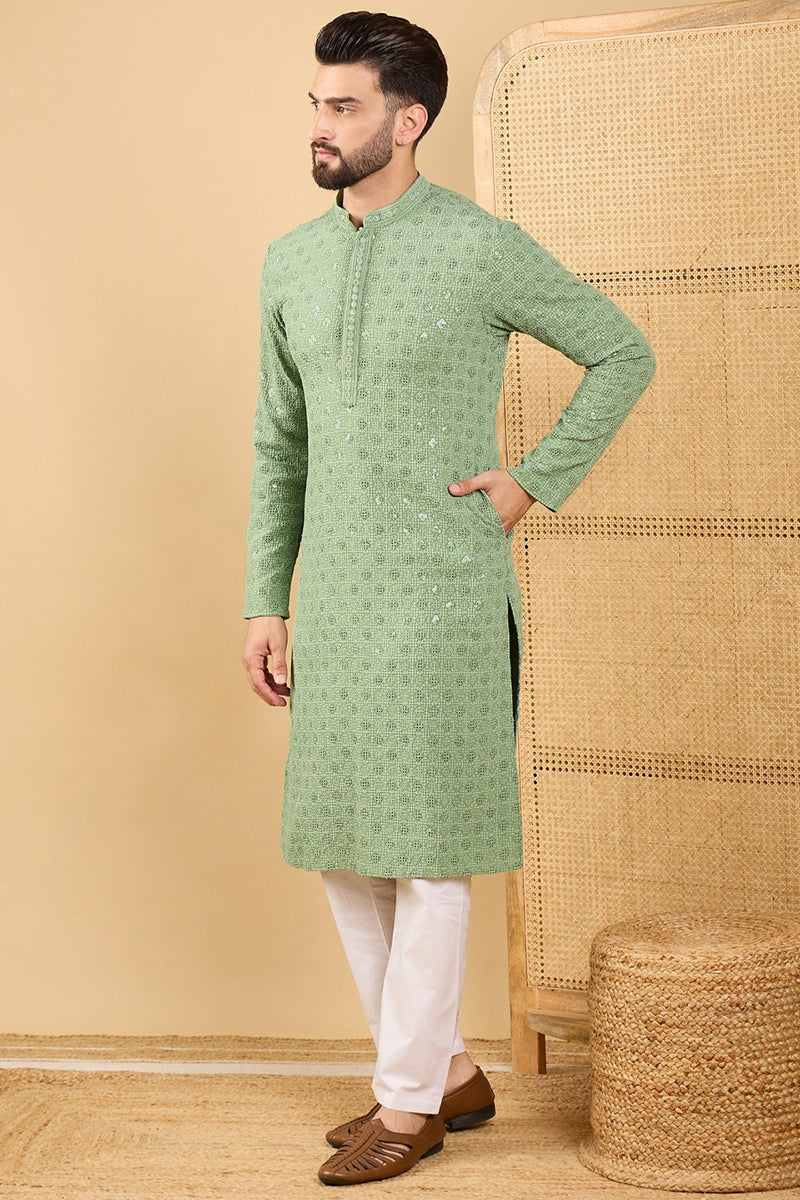 Ethnic Bay Green Viscose Rayon Solid Embroidered Straight Chikankari Kurta MKU1058