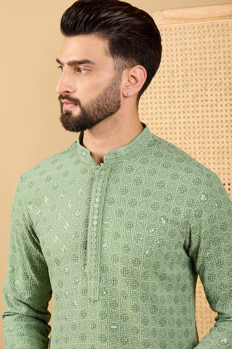 Ethnic Bay Green Viscose Rayon Solid Embroidered Straight Chikankari Kurta MKU1058