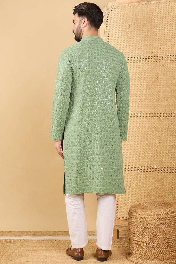 Ethnic Bay Green Viscose Rayon Solid Embroidered Straight Chikankari Kurta MKU1058