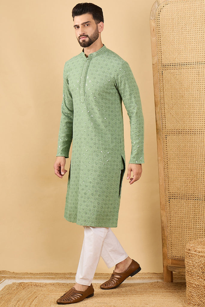 Ethnic Bay Green Viscose Rayon Solid Embroidered Straight Chikankari Kurta MKU1058