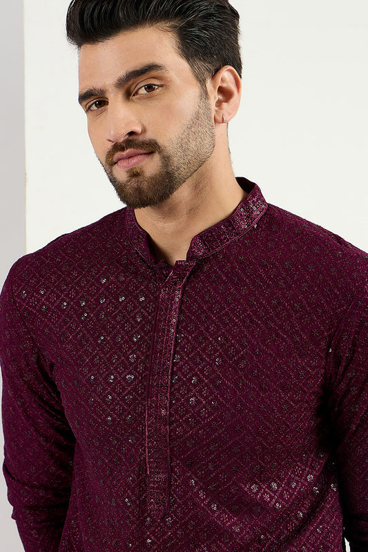 Ethnic Bay Burgundy Viscose Rayon Solid Embroidered Long Straight Kurta For Men MKU1059