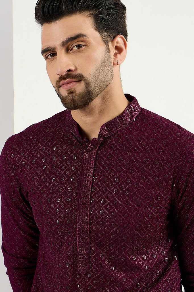 Ethnic Bay Burgundy Viscose Rayon Solid Embroidered Long Straight Kurta For Men MKU1059