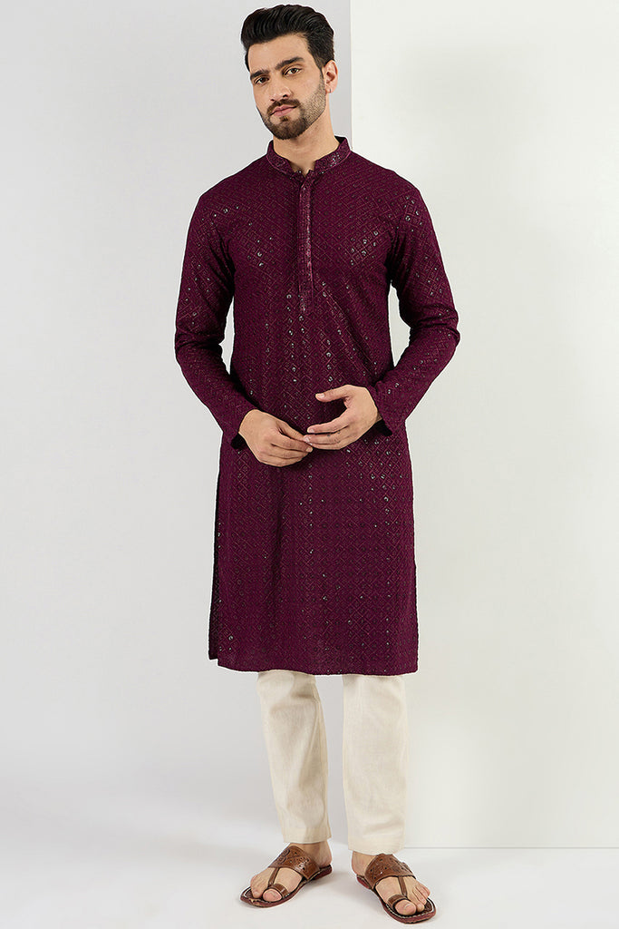 Ethnic Bay Burgundy Viscose Rayon Solid Embroidered Long Straight Kurta For Men MKU1059