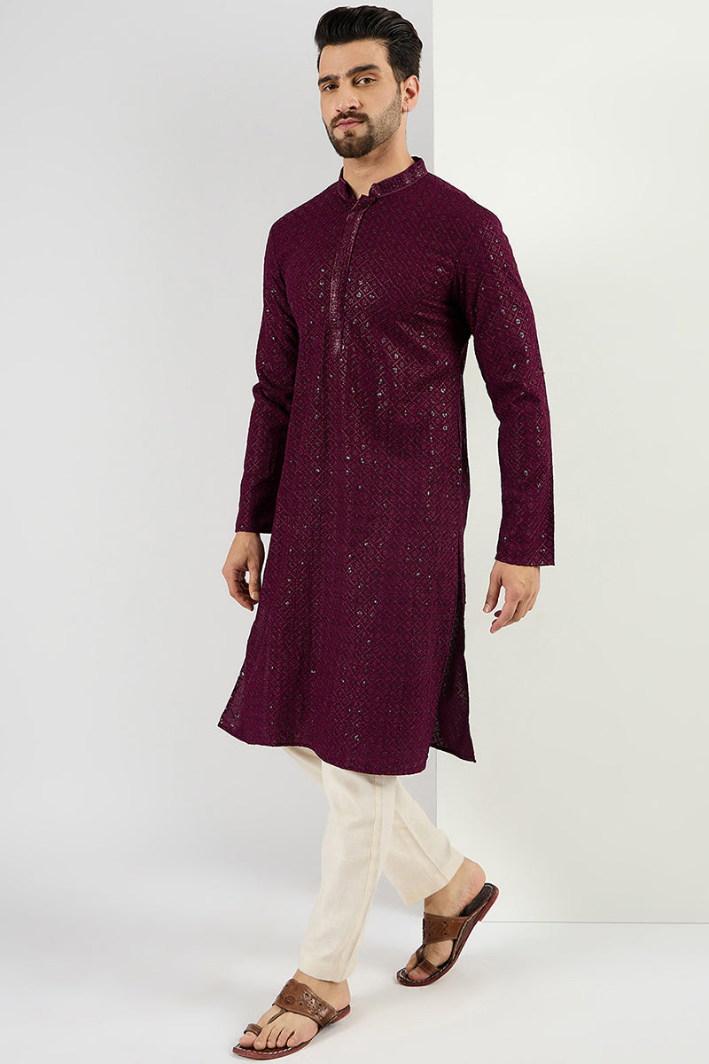Ethnic Bay Burgundy Viscose Rayon Solid Embroidered Long Straight Kurta For Men MKU1059