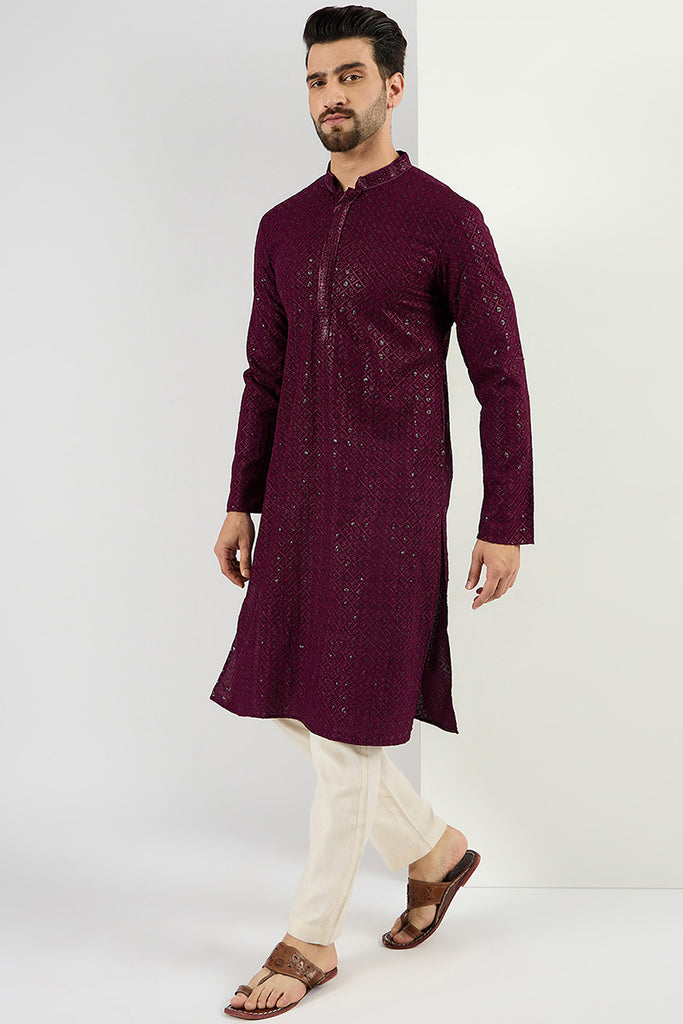 Ethnic Bay Burgundy Viscose Rayon Solid Embroidered Long Straight Kurta For Men MKU1059