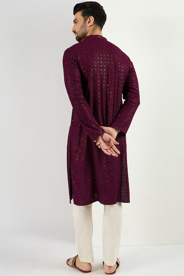 Ethnic Bay Burgundy Viscose Rayon Solid Embroidered Long Straight Kurta For Men MKU1059