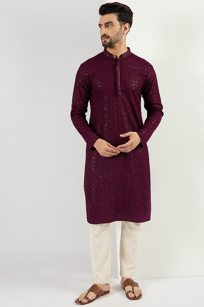 Ethnic Bay Burgundy Viscose Rayon Solid Embroidered Long Straight Kurta For Men MKU1059